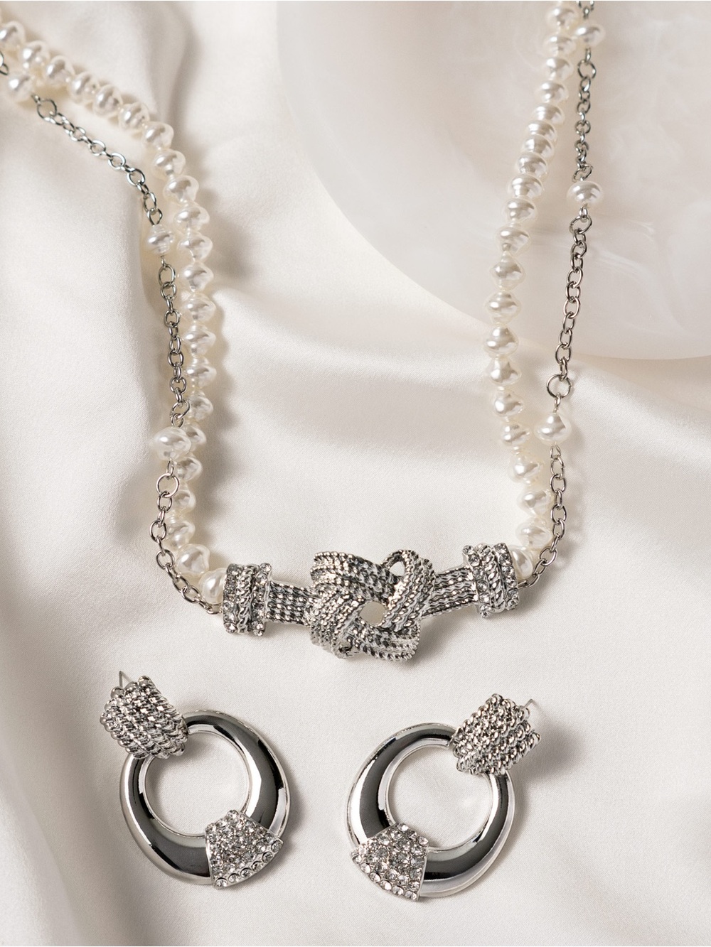 Silver Knot Pearl Chain Necklace and Hoop Earrings Set
